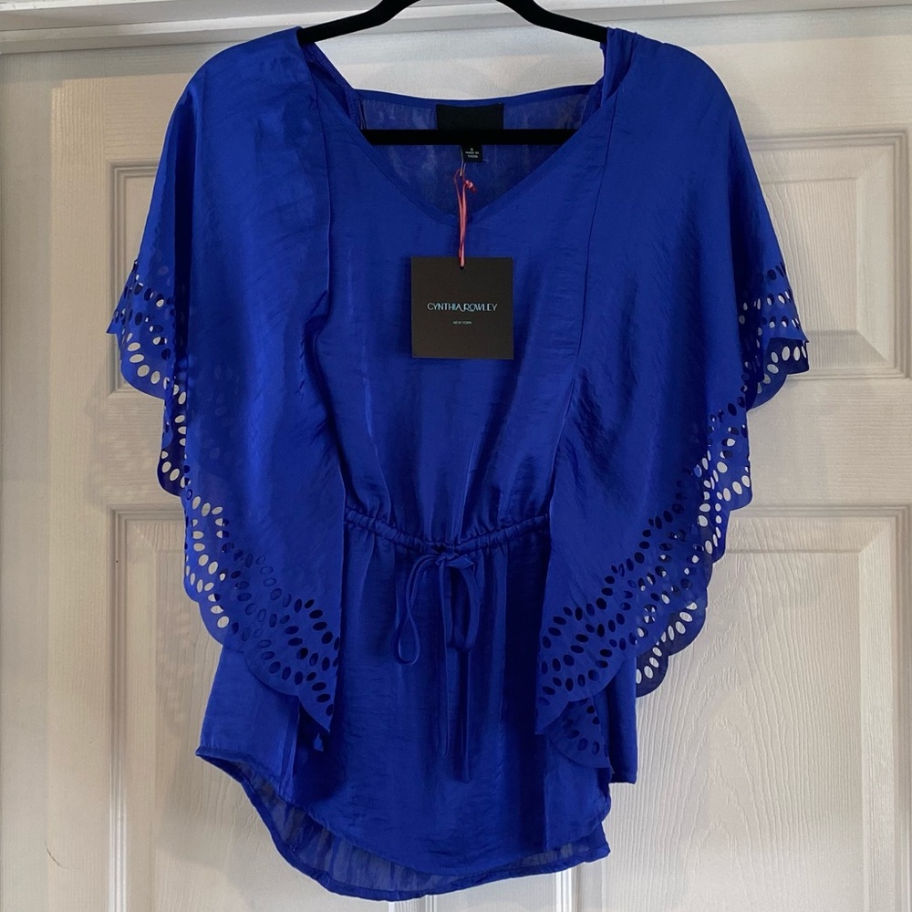 NWT Cynthia Rowley Cut-Out Scalloped Butterfly Sleeve Waist Tie Shirt Blouse S - Picture 6 of 6